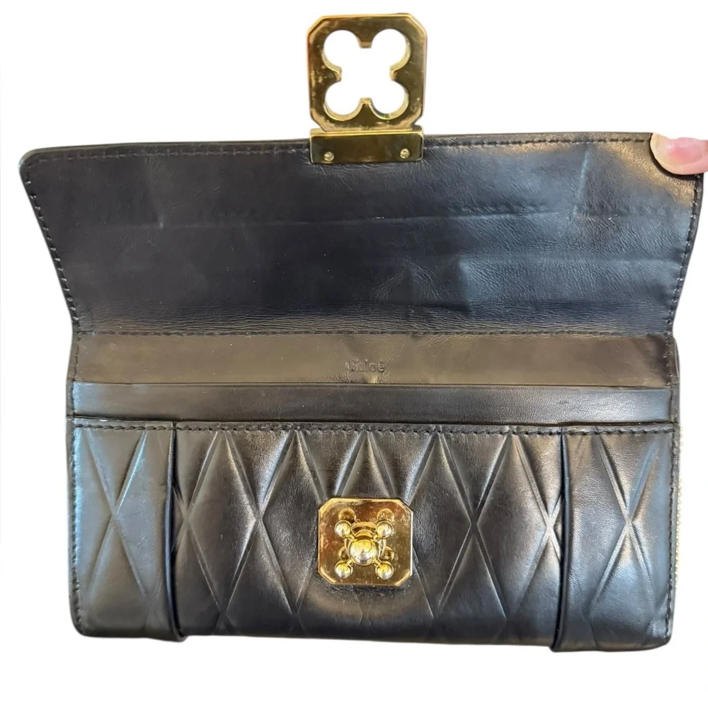 CHLOE Vintage Elise Black Leather Quilted Zip Around Wallet w Unbranded Chain - Picture 5 of 17